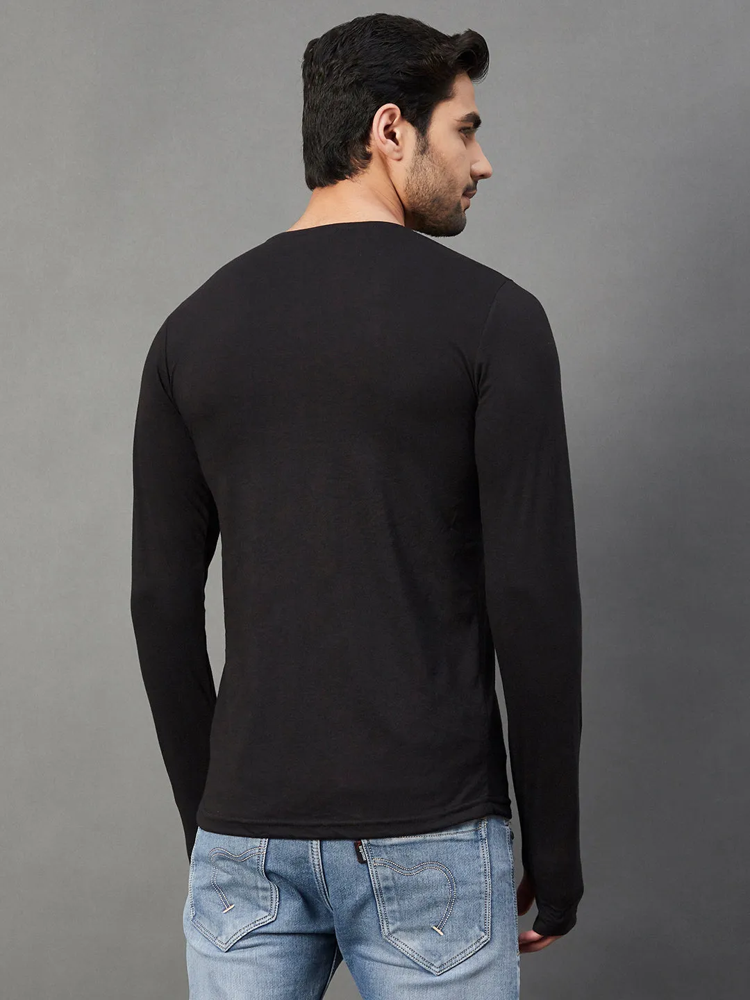 Black Thumbhole Round Neck Full Sleeve T-Shirt