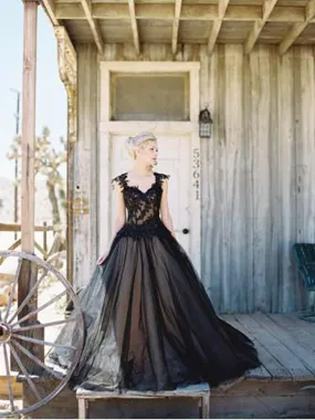 Black Tulle Elegant Cheap Evening Long Prom Dresses With Applique, TYP1452