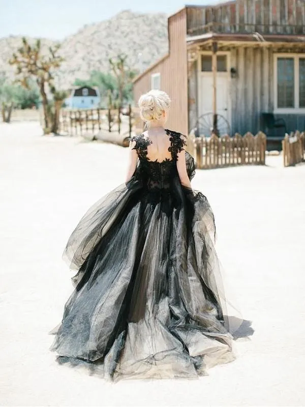 Black Tulle Elegant Cheap Evening Long Prom Dresses With Applique, TYP1452