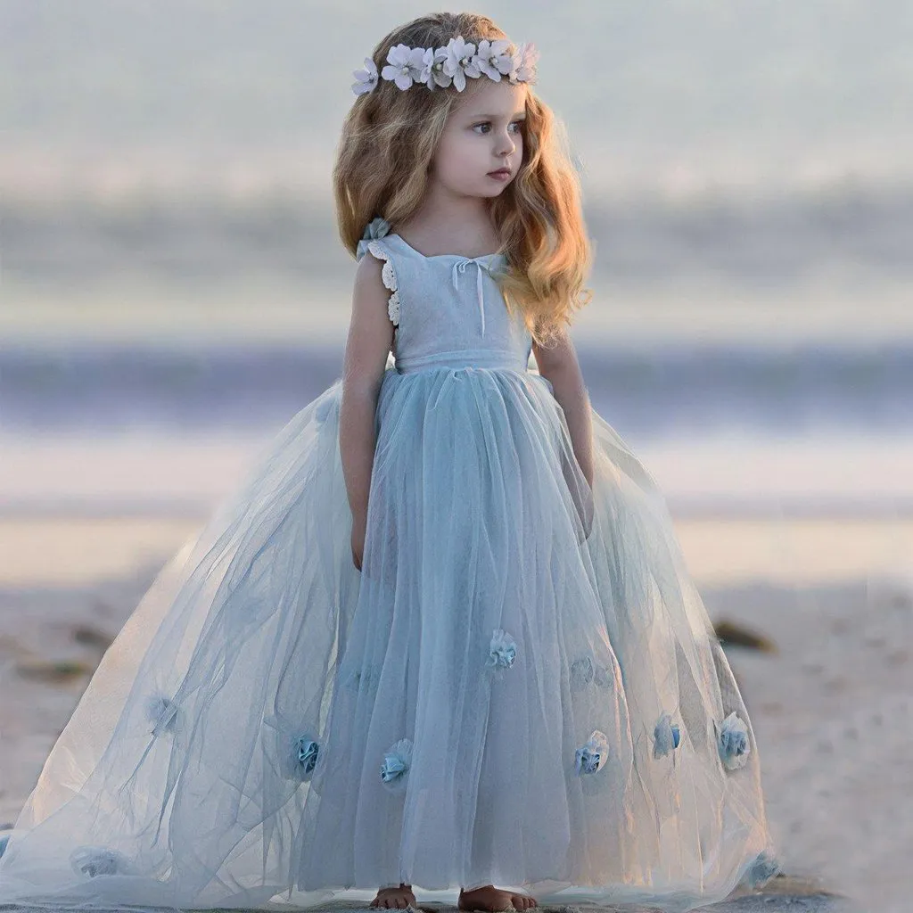 Blue Tulle A-Line Flower Girl Dresses, Backless Popular Little Girl Dresses, TYP1420