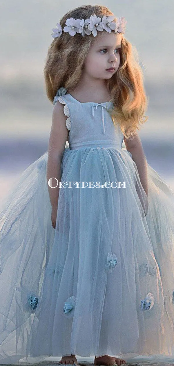 Blue Tulle A-Line Flower Girl Dresses, Backless Popular Little Girl Dresses, TYP1420