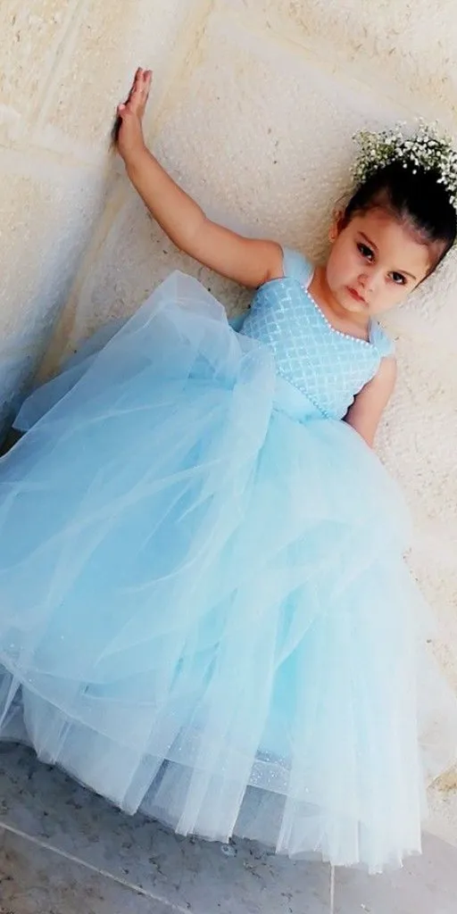 Blue Tulle A-Line Sleeveless Flower Girl Dresses, Popular Lace Little Girl Dresses, TYP1416