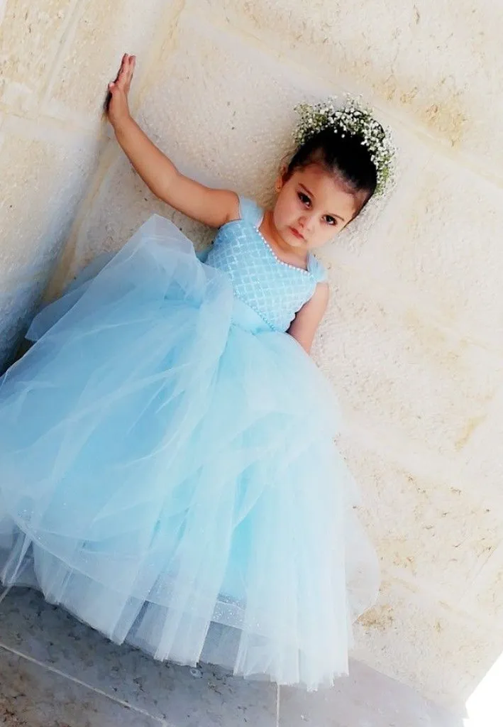 Blue Tulle A-Line Sleeveless Flower Girl Dresses, Popular Lace Little Girl Dresses, TYP1416