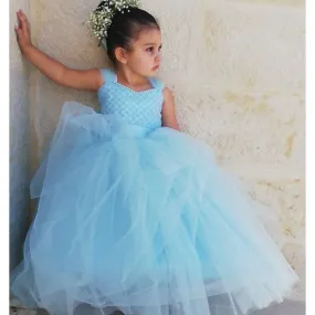 Blue Tulle A-Line Sleeveless Flower Girl Dresses, Popular Lace Little Girl Dresses, TYP1416