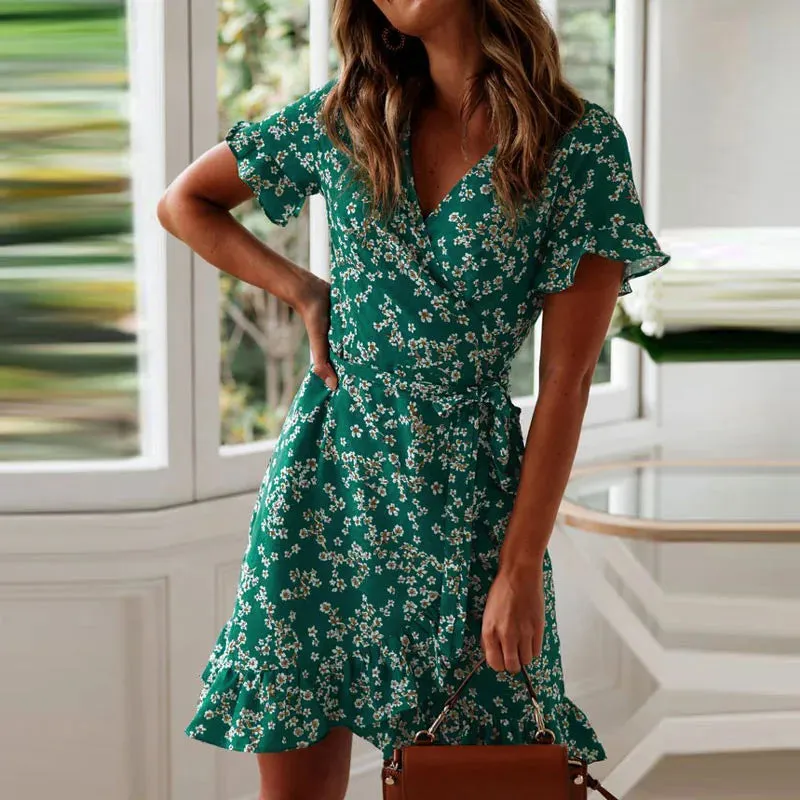 Boho Floral Print 2024 Summer Sexy V Neck Short Sleeve A Line Chiffon Beach Vacation Mini Dress