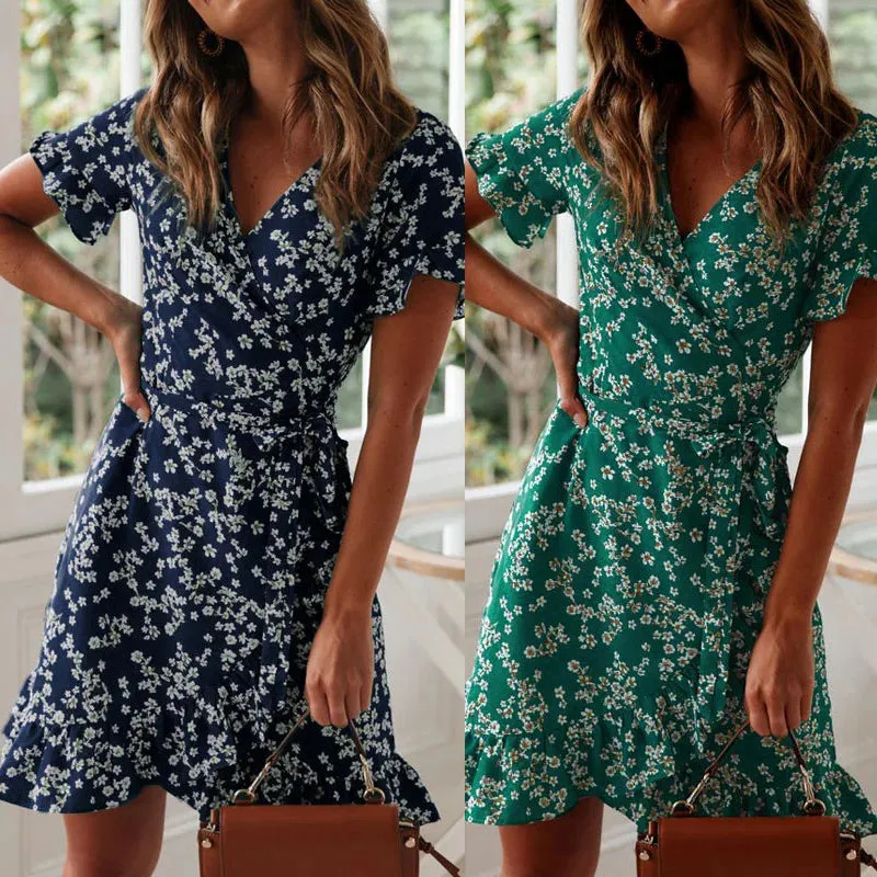 Boho Floral Print 2024 Summer Sexy V Neck Short Sleeve A Line Chiffon Beach Vacation Mini Dress