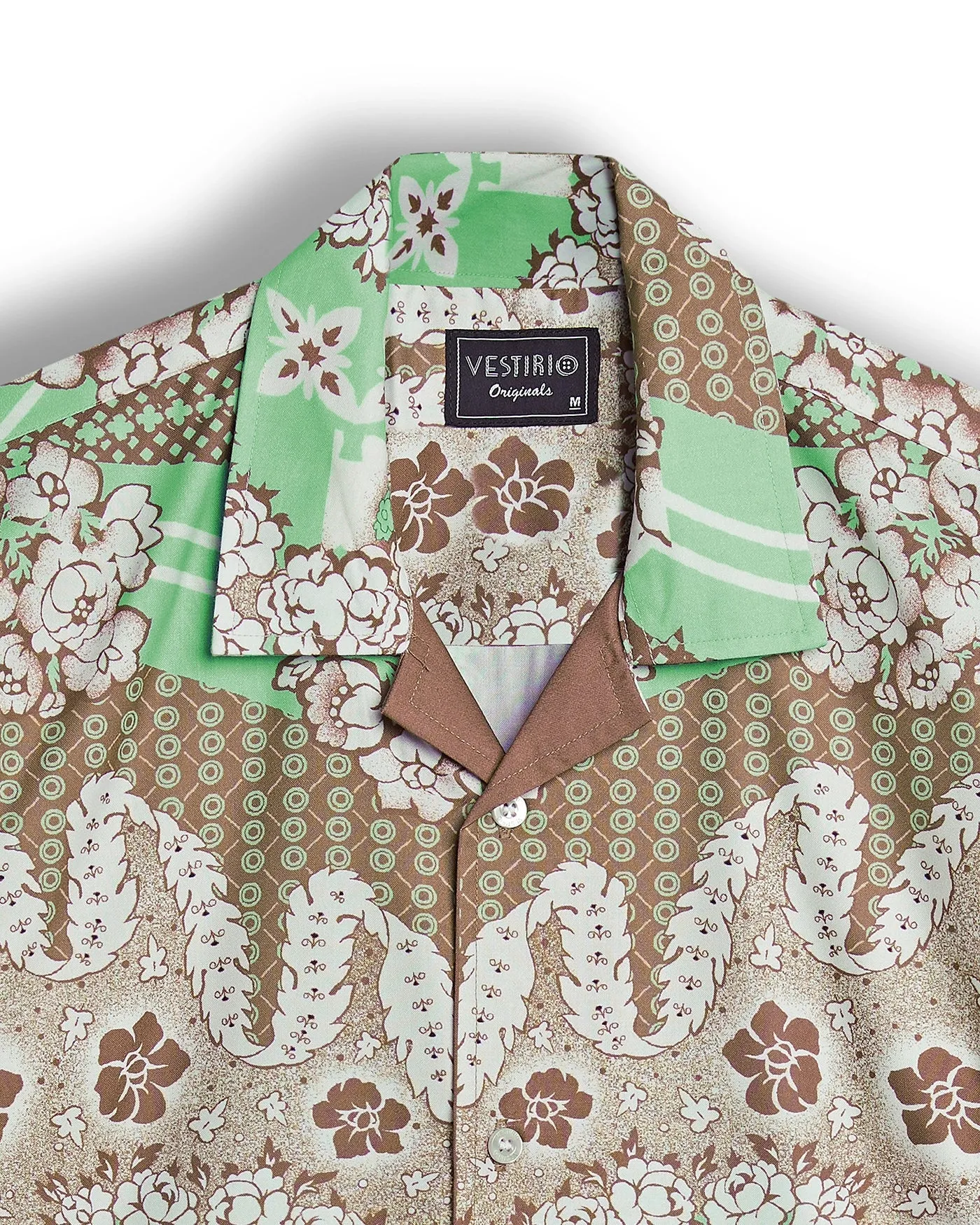 Brown bandana floral printed camp collar shirt for men