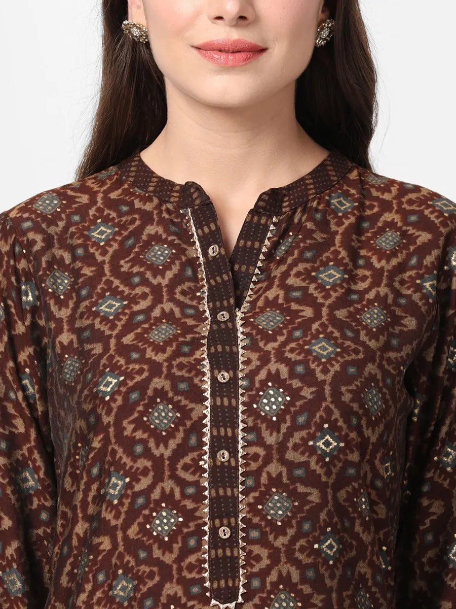 Brown Geometrical Printed Kurta With Trouser