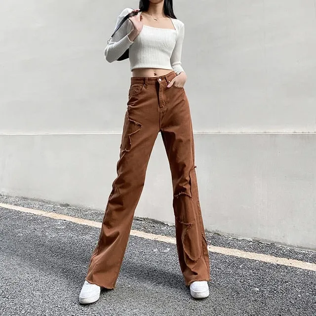 Brown Vintage Baggy Jeans Women 90s Streetwear Pockets Wide Leg Cargo Pants Y2K Low Waist Straight Denim Trousers