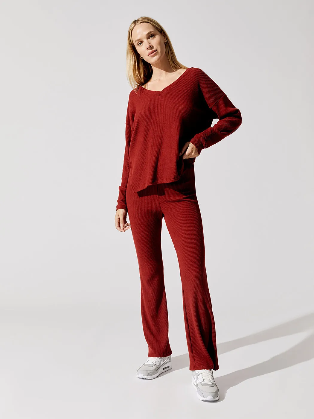 Brushed Ribbed Flare Pants - Rum Wine