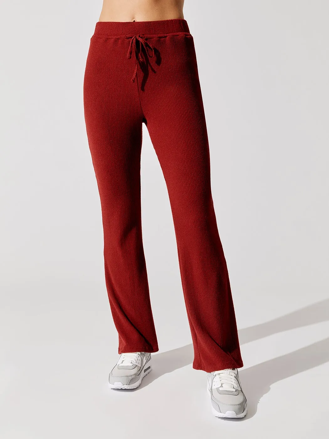 Brushed Ribbed Flare Pants - Rum Wine