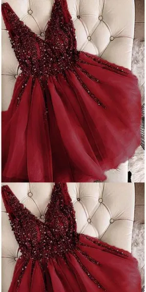 Burgundy homecoming dresses short beaded v neck crystals cheap prom dresses 2020 vestido de graduation