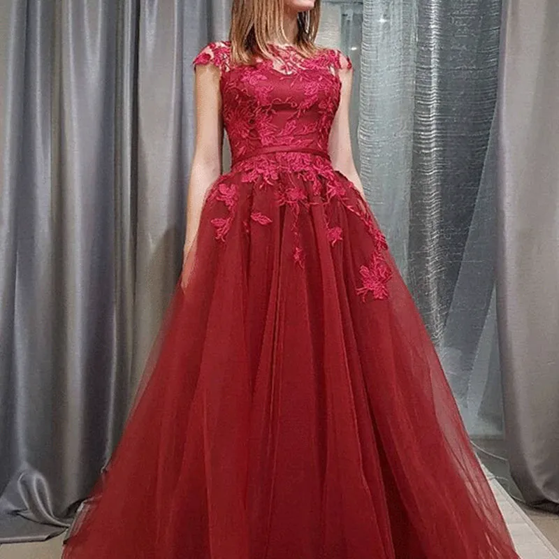 Burgundy Long Floor Length Prom Dresses, Scoop Prom Dresses, Beading Prom Dresses, Half Sleeve Prom Dresses, Zipper Prom dresses, TYP0283