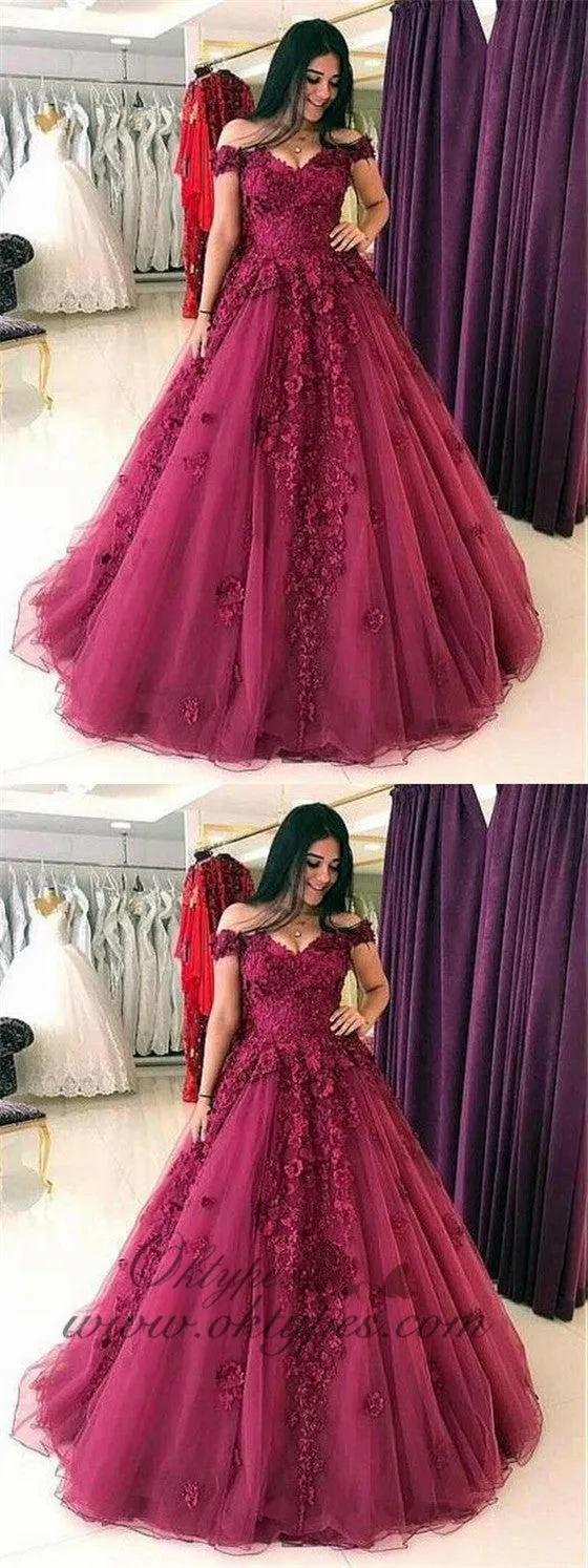 Burgundy Off The Shoulder Ball Gown Long Tulle Prom Dresses, TYP1458