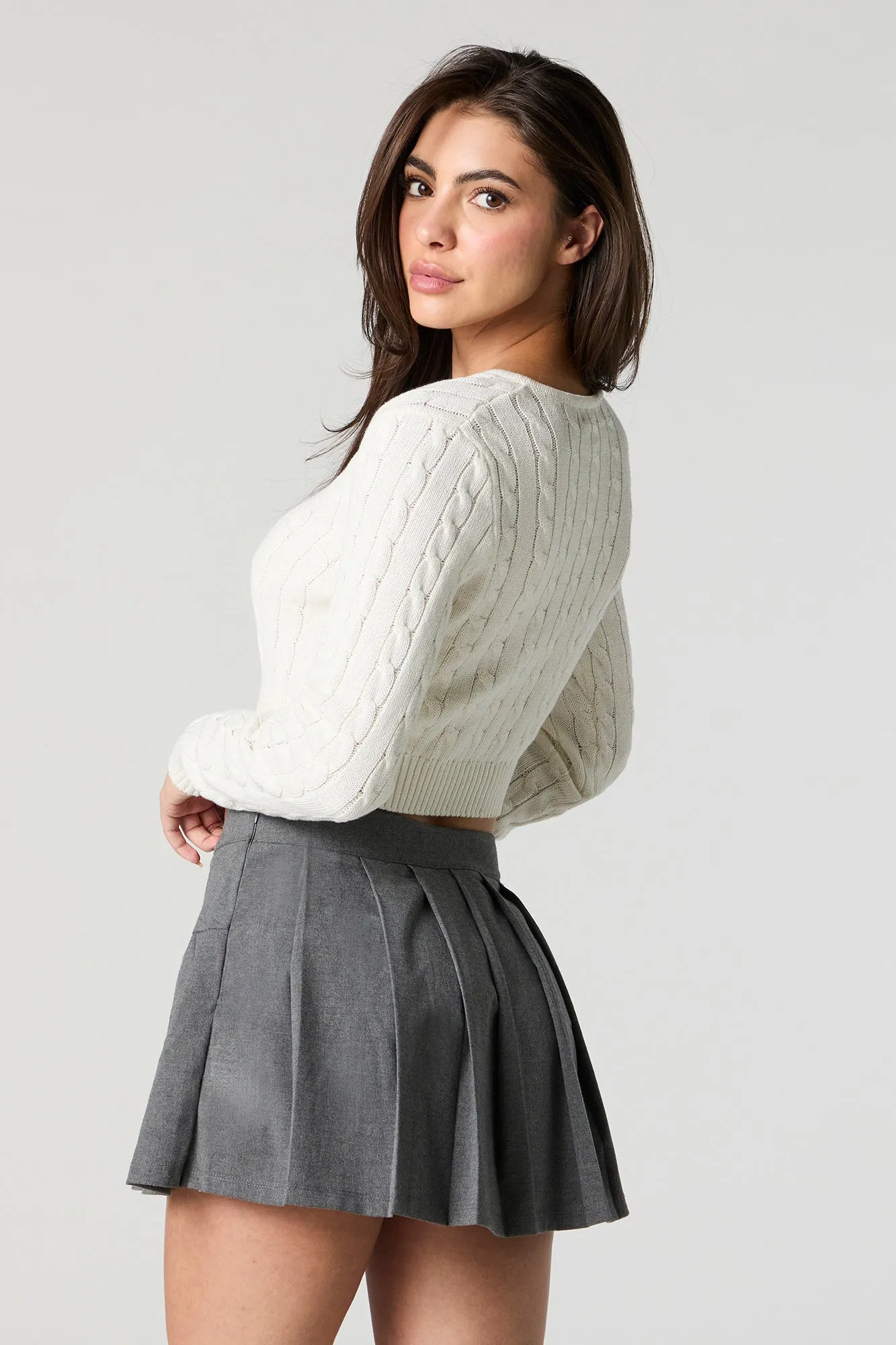 Cable Knit Button Front Cropped Cardigan