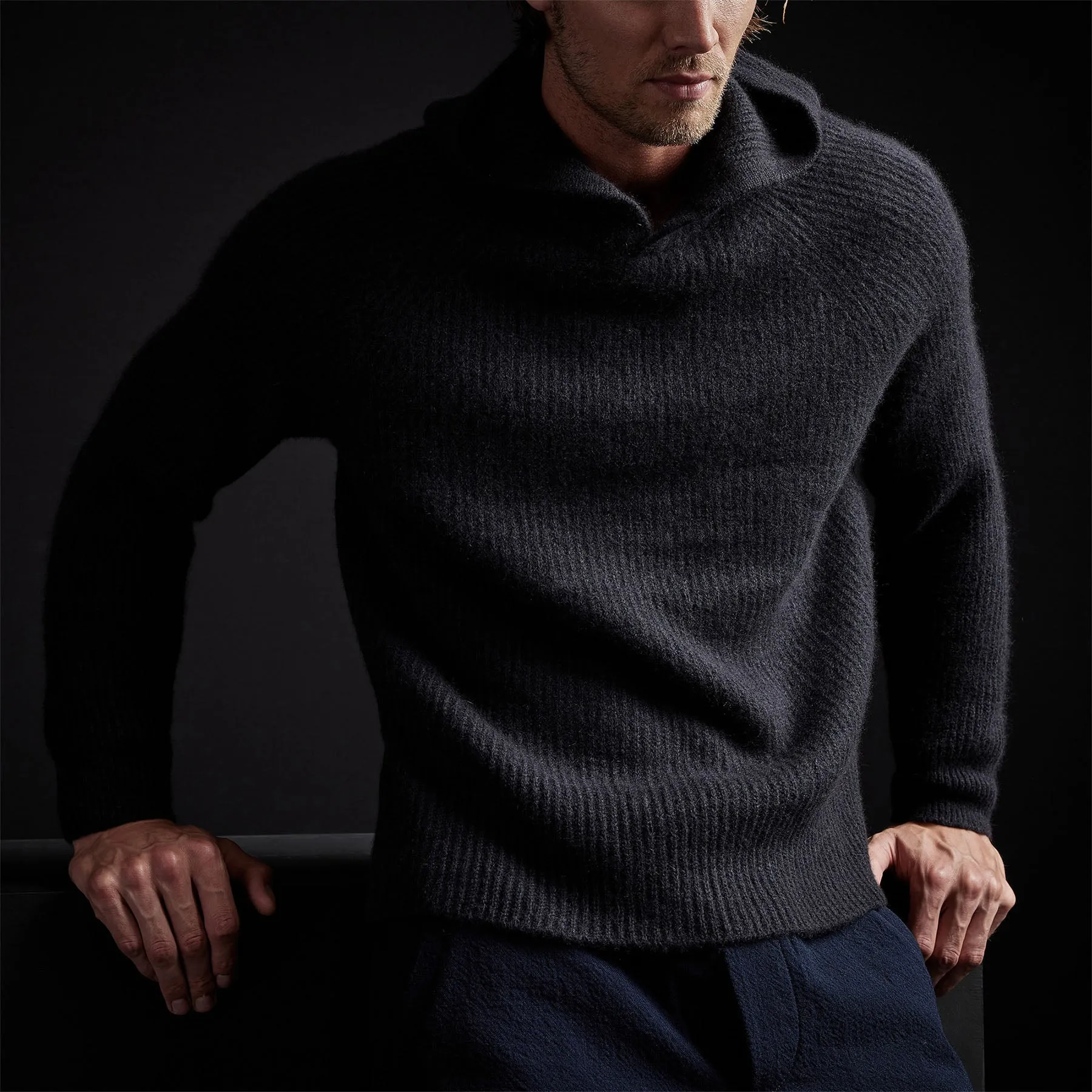 Cashmere Rib Hoodie - Black