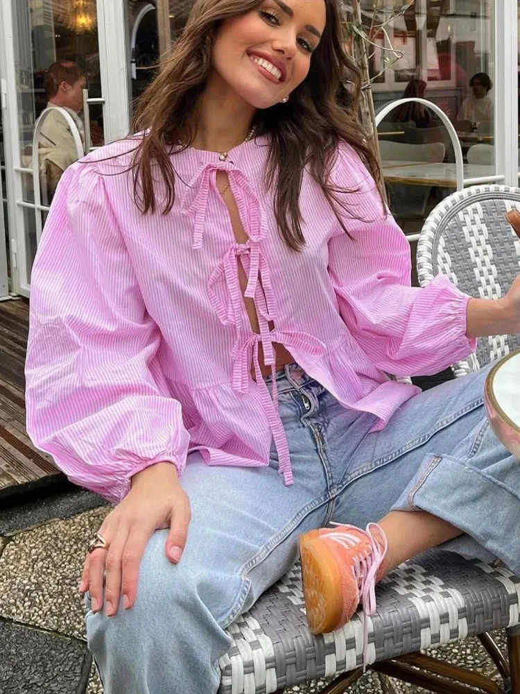 Casual Lace Up O-neck Ruffled Hem 2024 Spring Summer Bow Puff Sleeves Female Office Shirt Blouse