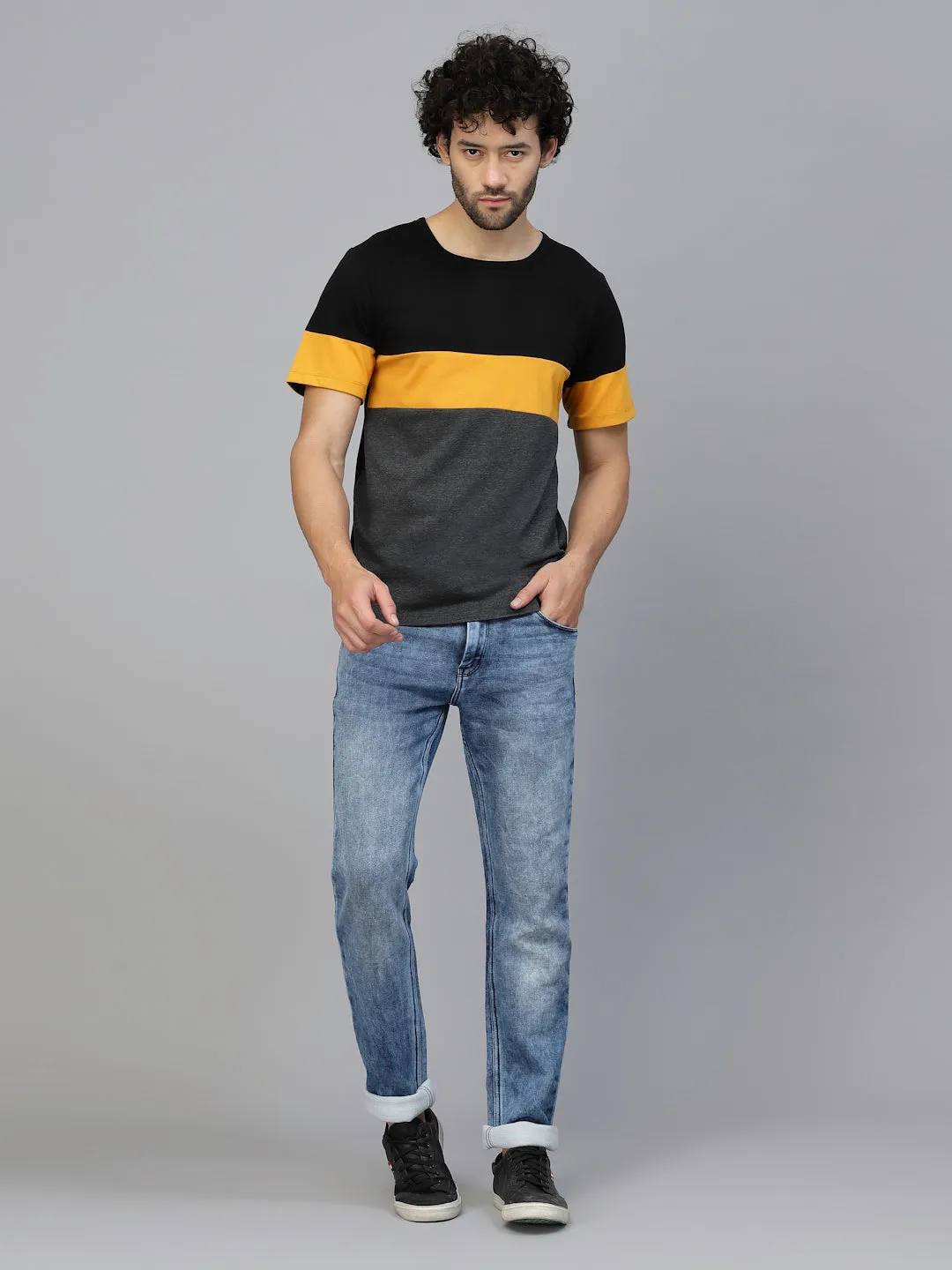 Charcoal Melange Colorblocked Half Sleeves Jersey T-shirt