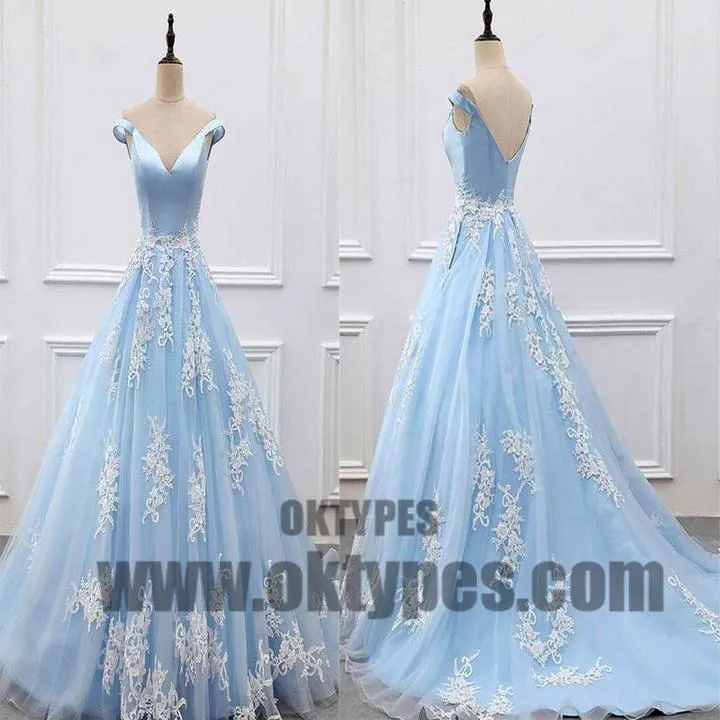 Charming Light Blue Top Satin Off The Shoulder A-Line Long Prom Dress With White Appliques, Prom Dress, TYP0482