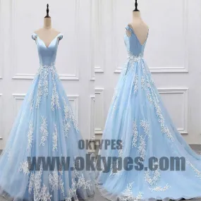 Charming Light Blue Top Satin Off The Shoulder A-Line Long Prom Dress With White Appliques, Prom Dress, TYP0482