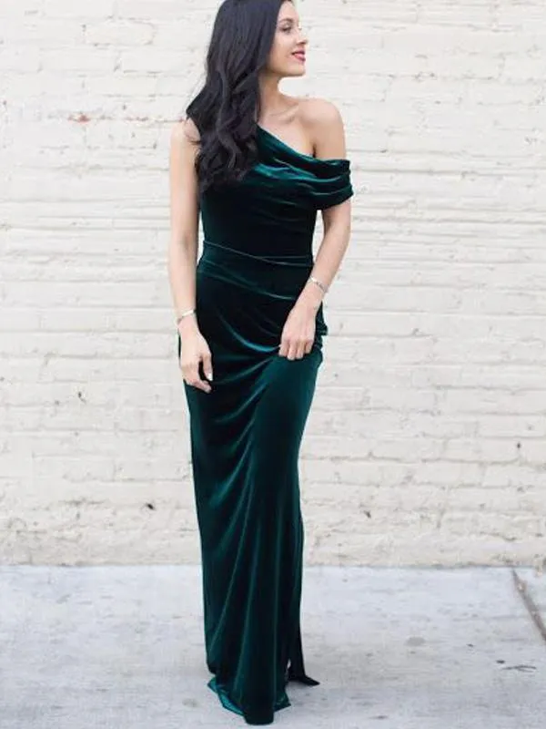 Charming One Shoulder Long Sheath Emerald Green Velvet Prom Dresses, TYP1610