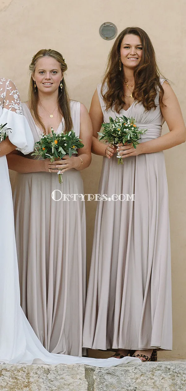 Charming V-neck Grey Jersey A-line Long Cheap Bridesmaid Dresses, BDS0109