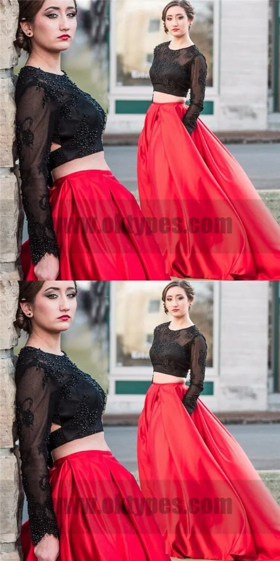 Cheap Long Sleeve Black Prom Dresses Splendid Long A-line Beading Dresses, TYP0721