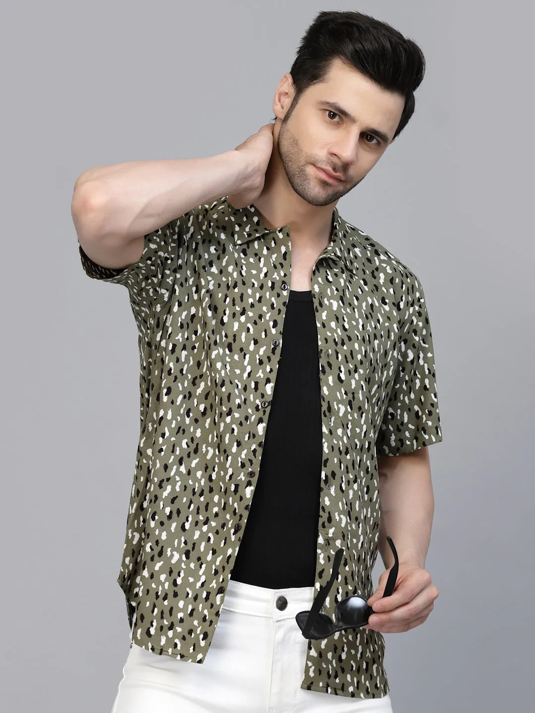 Cheetah Printed Half Sleeves Rayon Shirt With Cuban Collar