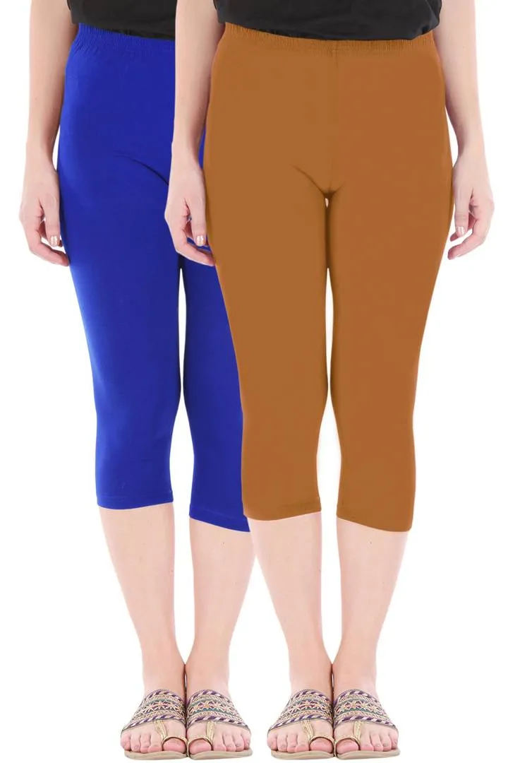 Combo Pack Of 2 Skinny Fit 3/4 Capris Leggings For Women Royal Blue Khaki