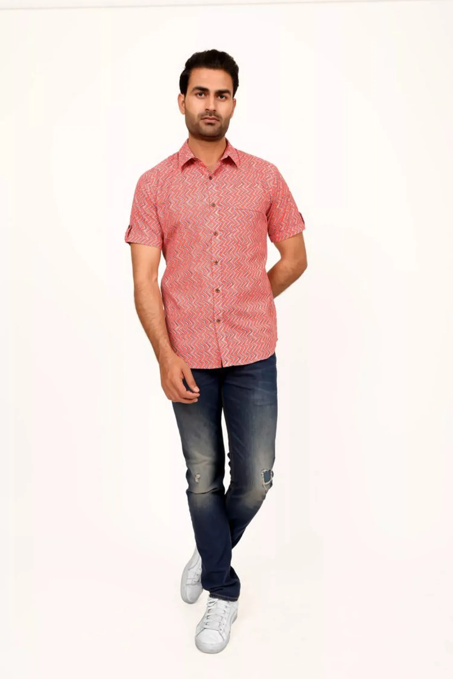 Coral Block Printed Half Sleeve Shirt