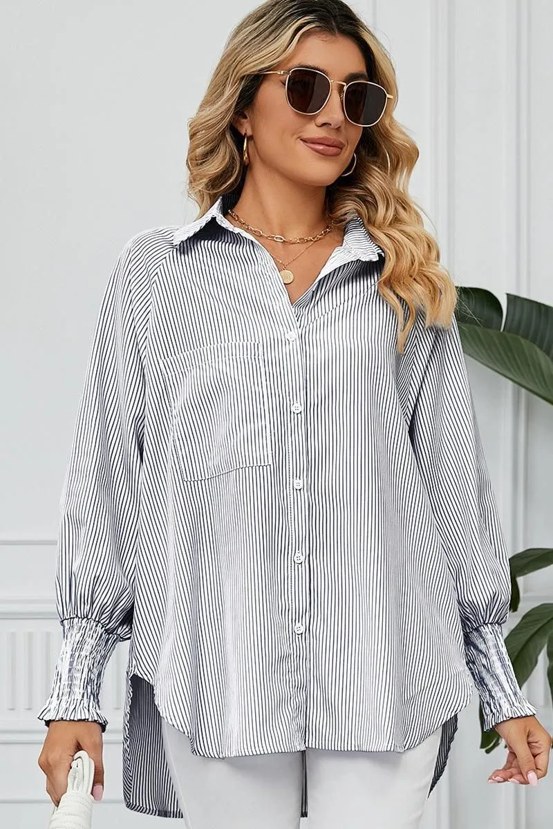 CUFF DRAW PLEATED LOOSE STRIPE COLLAR SHIRTS