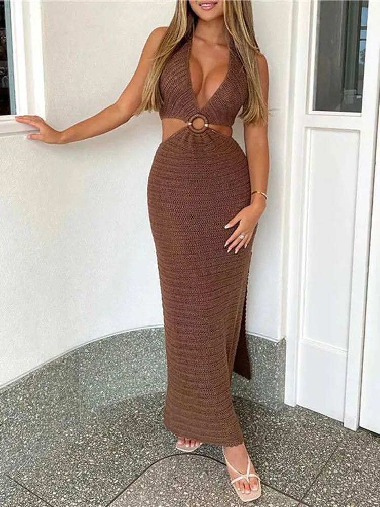 Cut Out Maxi Sleeveless Hollow Bodycon Dresses Halter Neck Slim Fit Night Party Beach Sundress Midi Dress