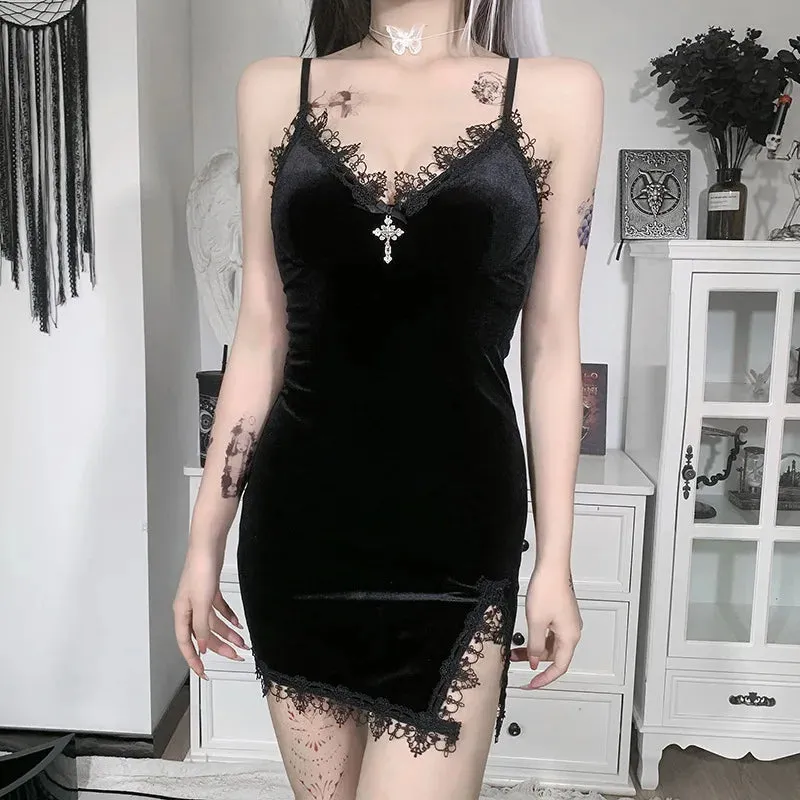 Dark Cross Black Vintage Sexy Spaghetti Strap High Waist Slit Party Club Dress