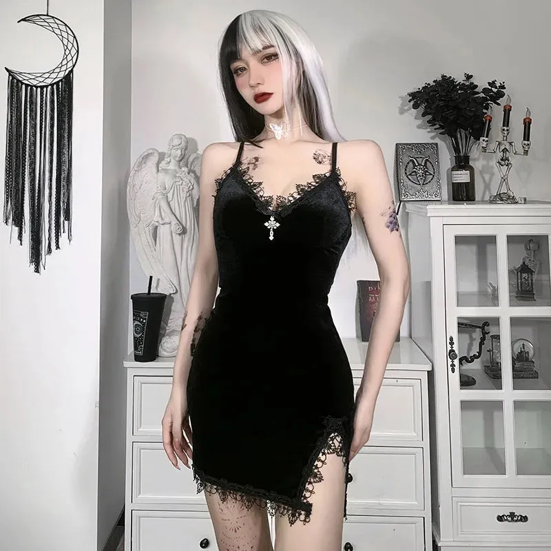 Dark Cross Black Vintage Sexy Spaghetti Strap High Waist Slit Party Club Dress