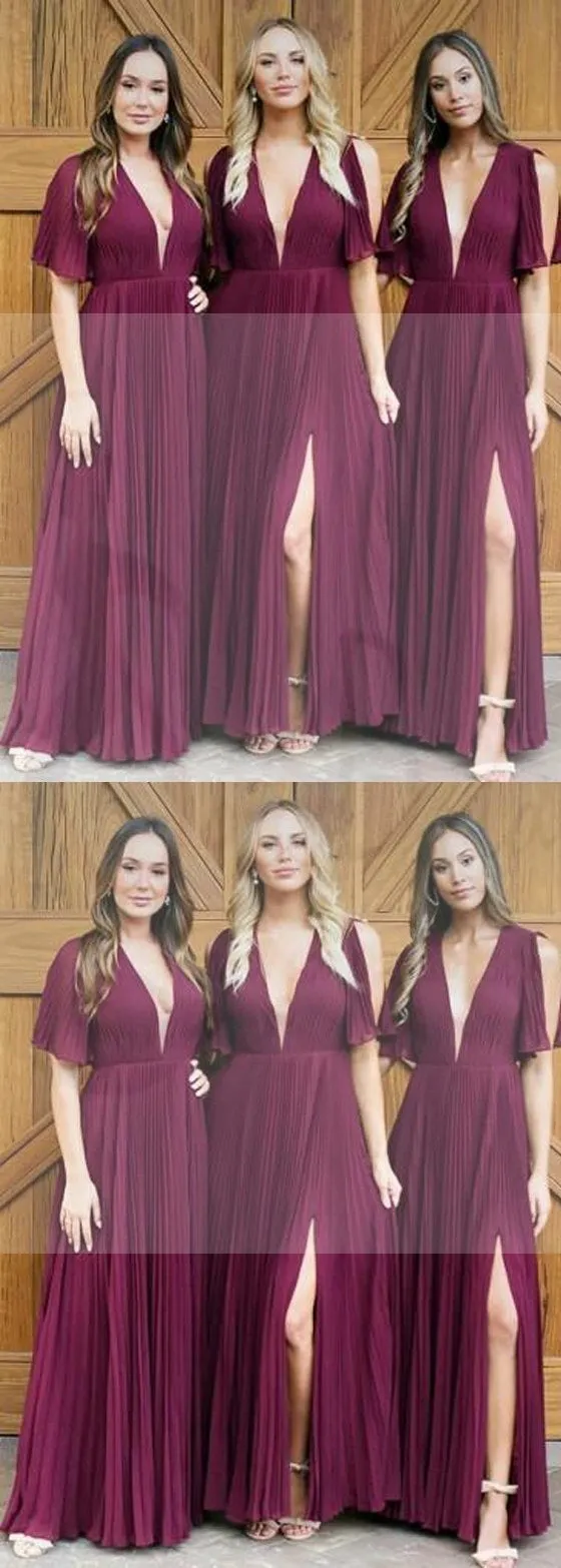 Deep V-neck Short Sleeve Bridesmaid Dresses, Side Slit Bridesmaid Dresses, Long Bridesmaid Dresses, WG200