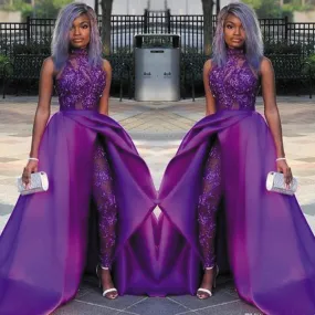 detachable skirt prom dresses 2020 purple jumpsuit for women lace appliqué beaded sparkly pant suit for weddings