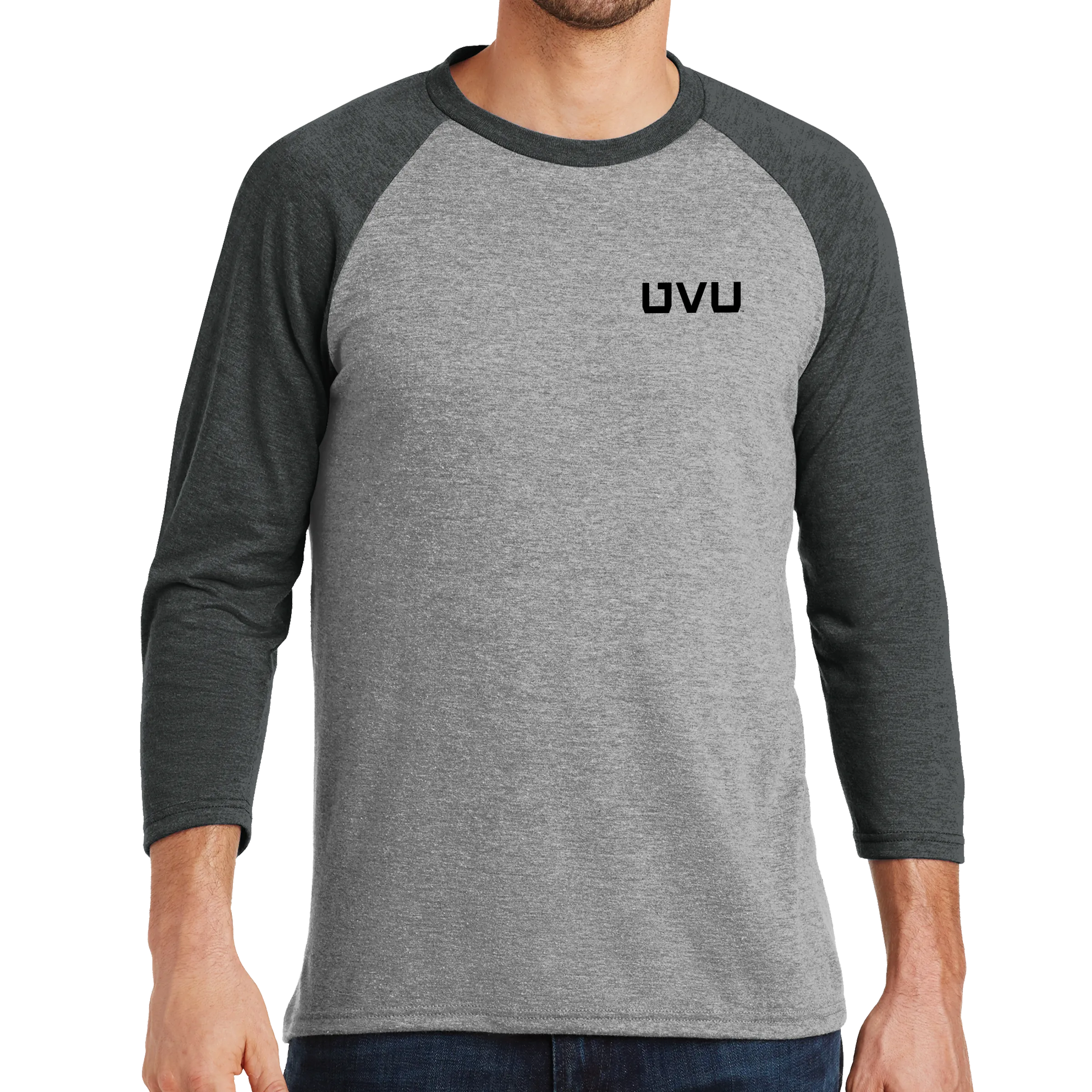 District Perfect Tri 3/4-Sleeve Raglan- UVU Distressed and UVU Mono