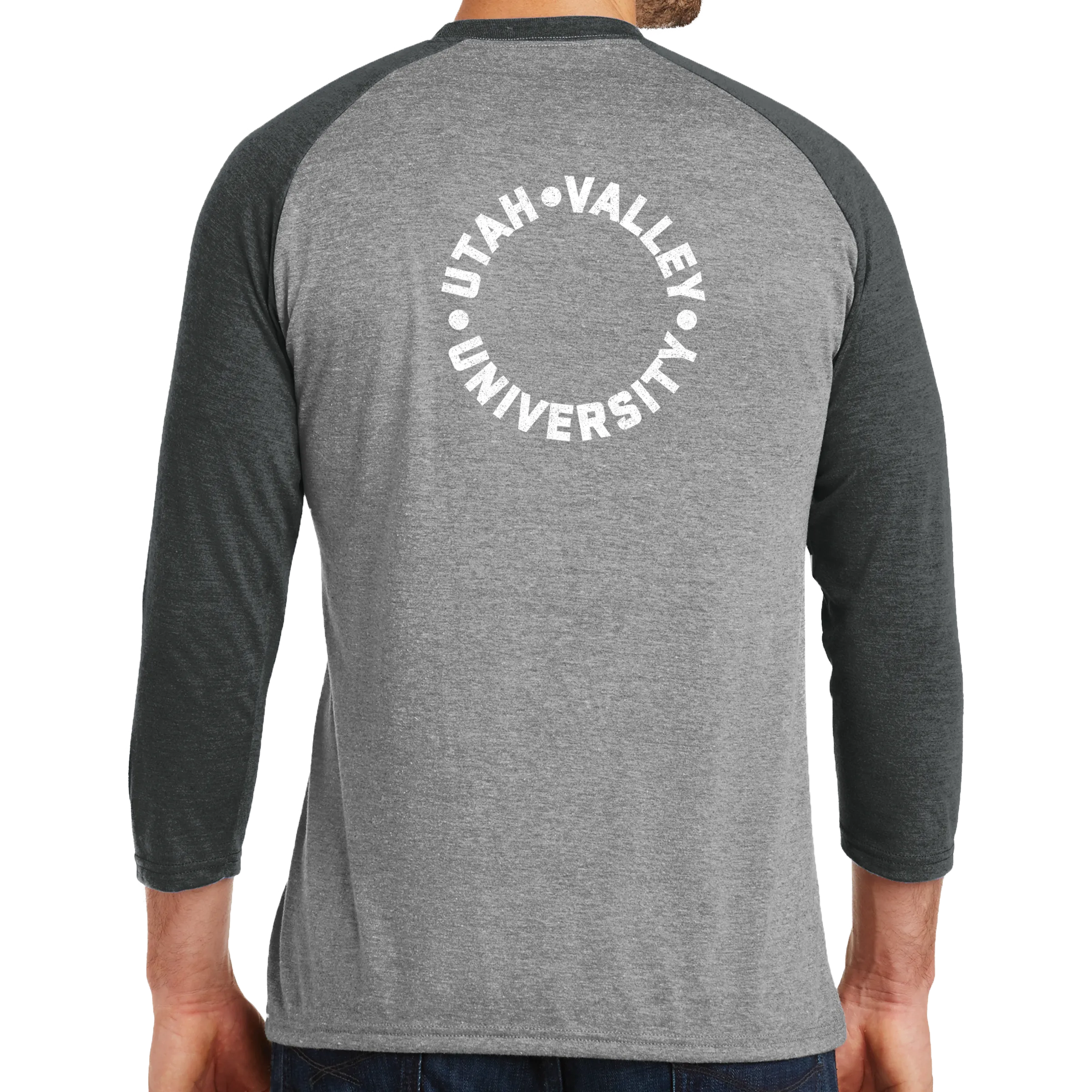 District Perfect Tri 3/4-Sleeve Raglan- UVU Distressed and UVU Mono