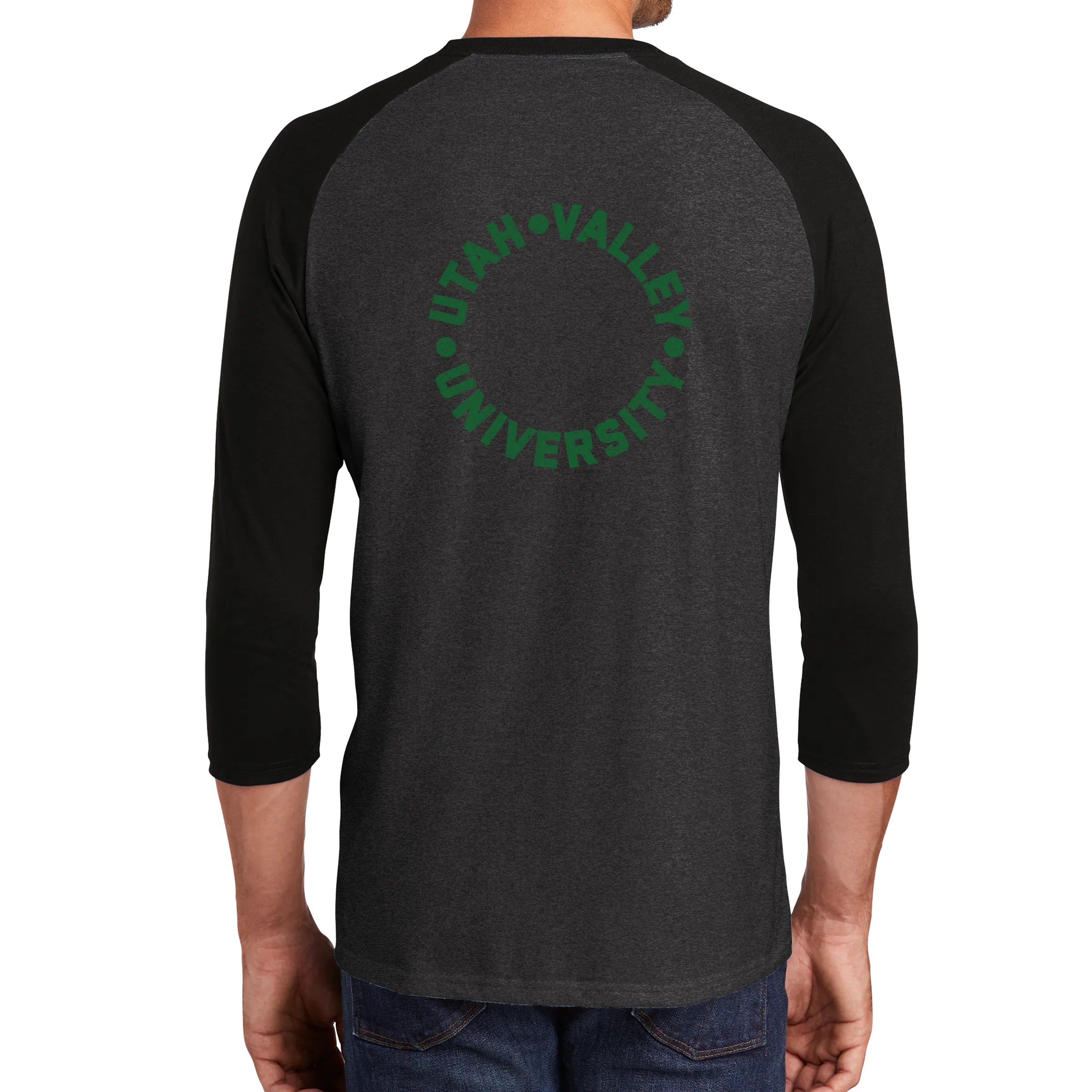 District Perfect Tri 3/4-Sleeve Raglan- UVU Distressed and UVU Mono