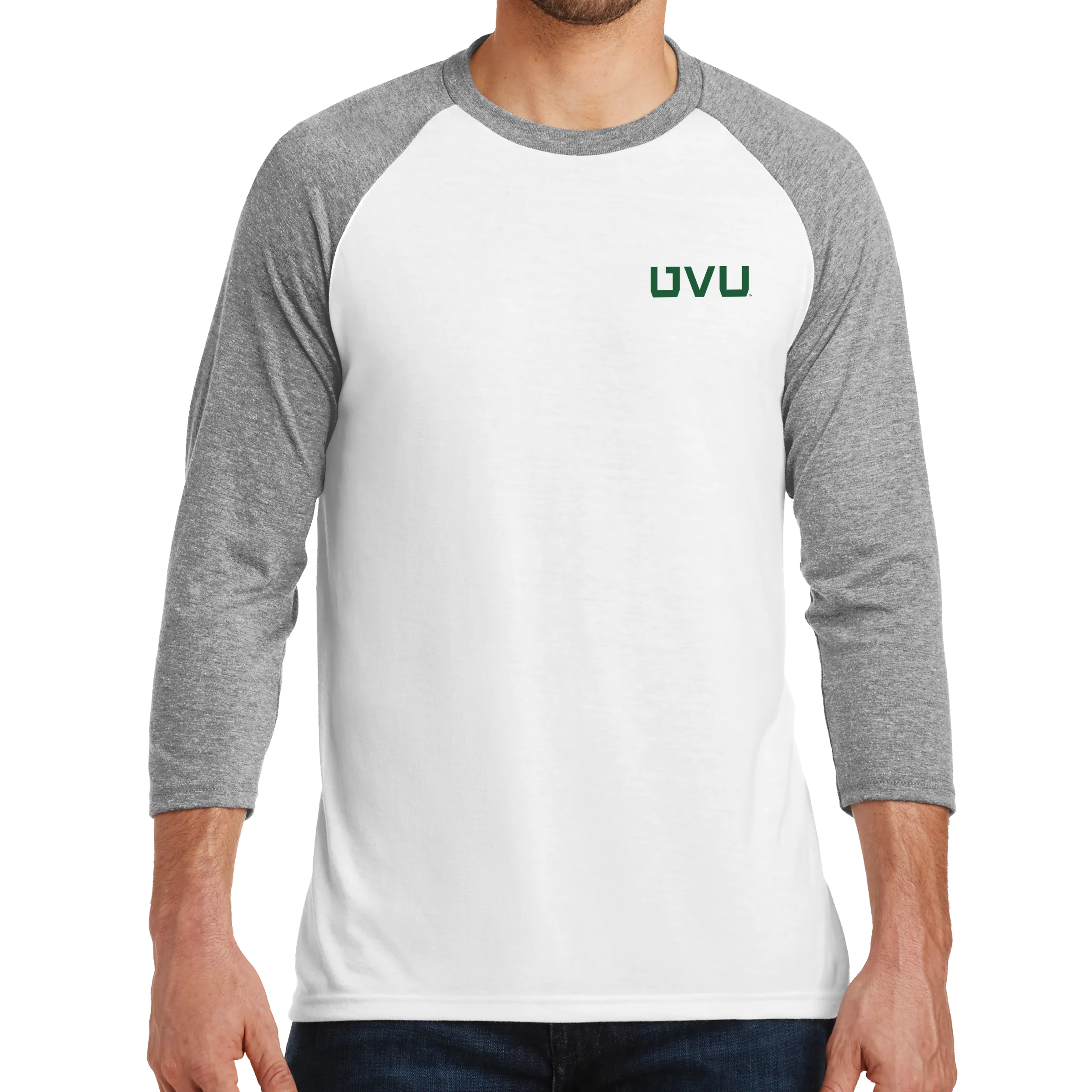 District Perfect Tri 3/4-Sleeve Raglan- UVU Distressed and UVU Mono