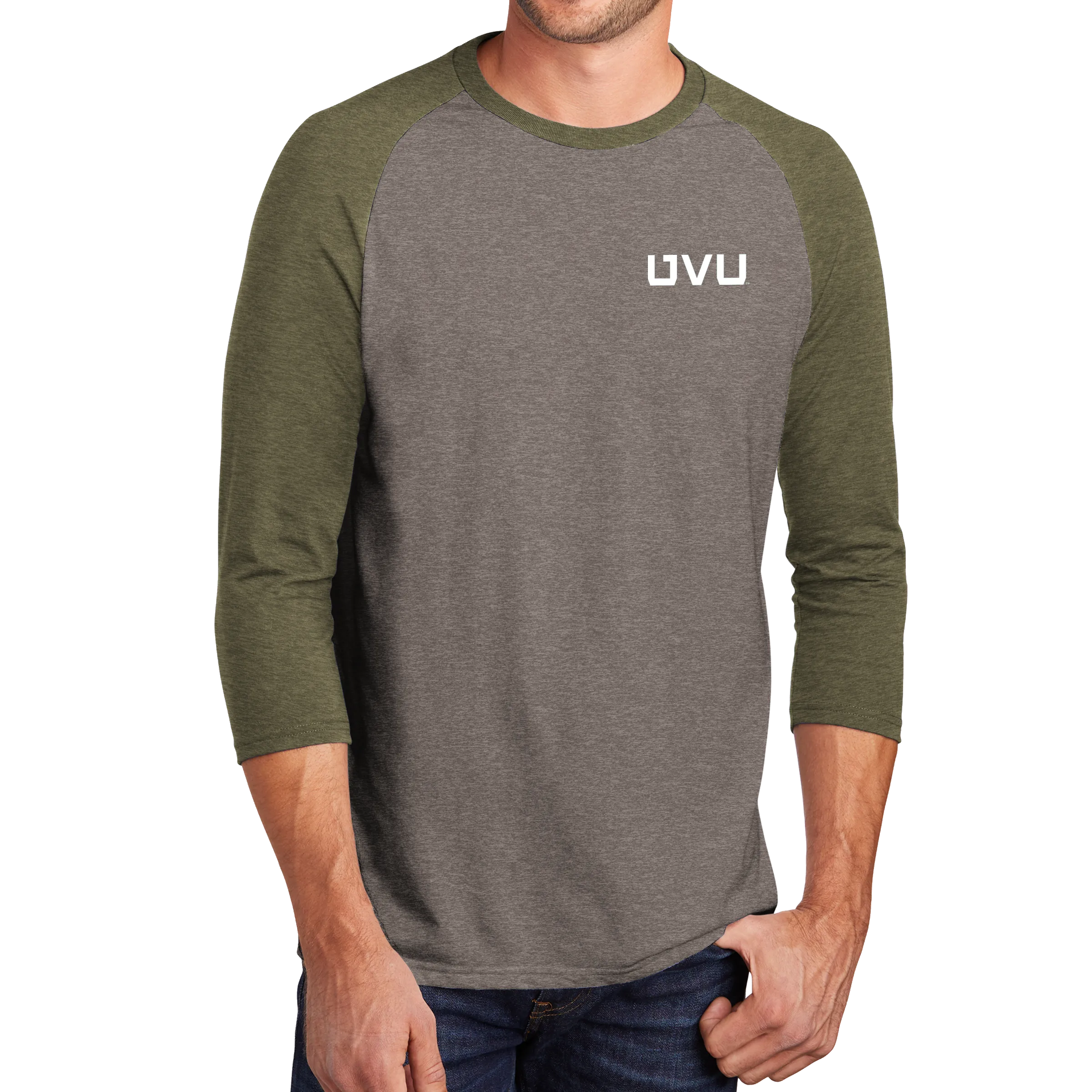 District Perfect Tri 3/4-Sleeve Raglan- UVU Distressed and UVU Mono