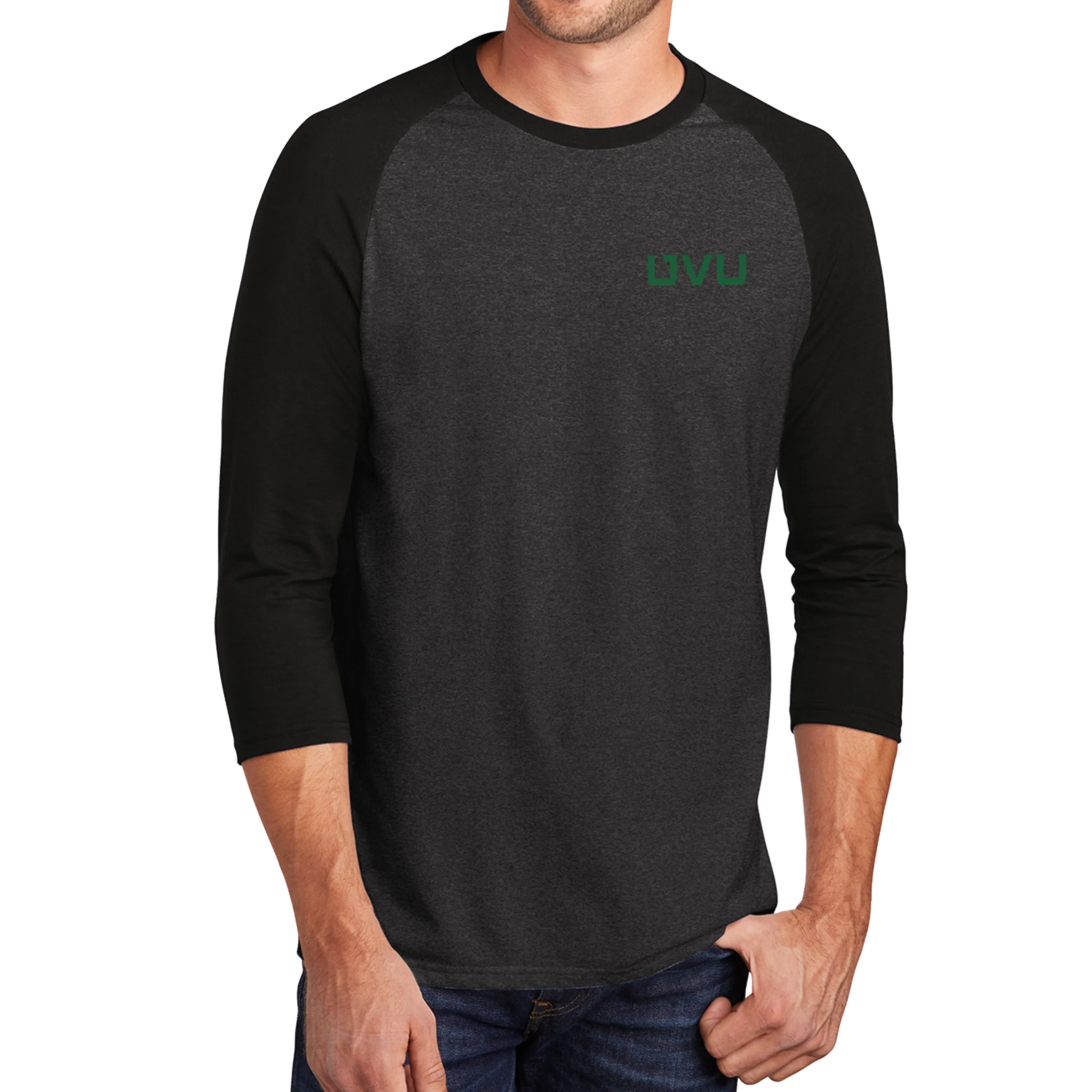 District Perfect Tri 3/4-Sleeve Raglan- UVU Distressed and UVU Mono