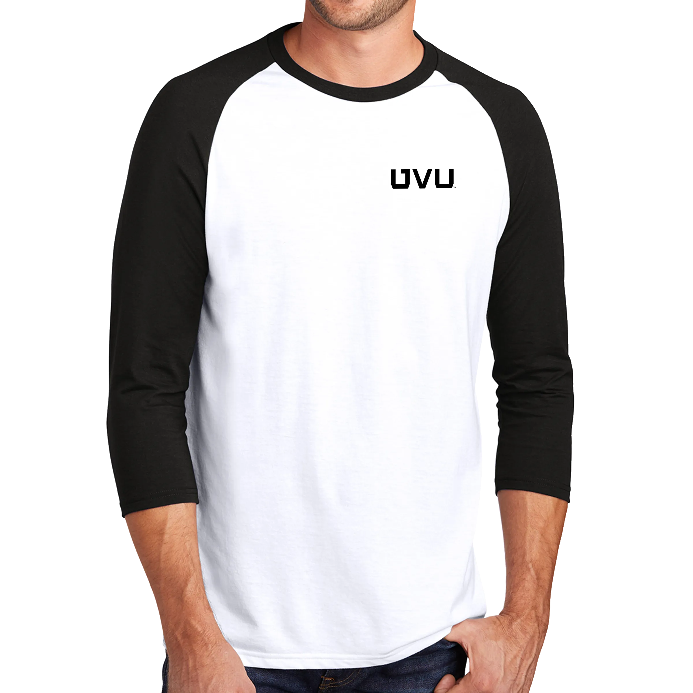 District Perfect Tri 3/4-Sleeve Raglan- UVU Distressed and UVU Mono