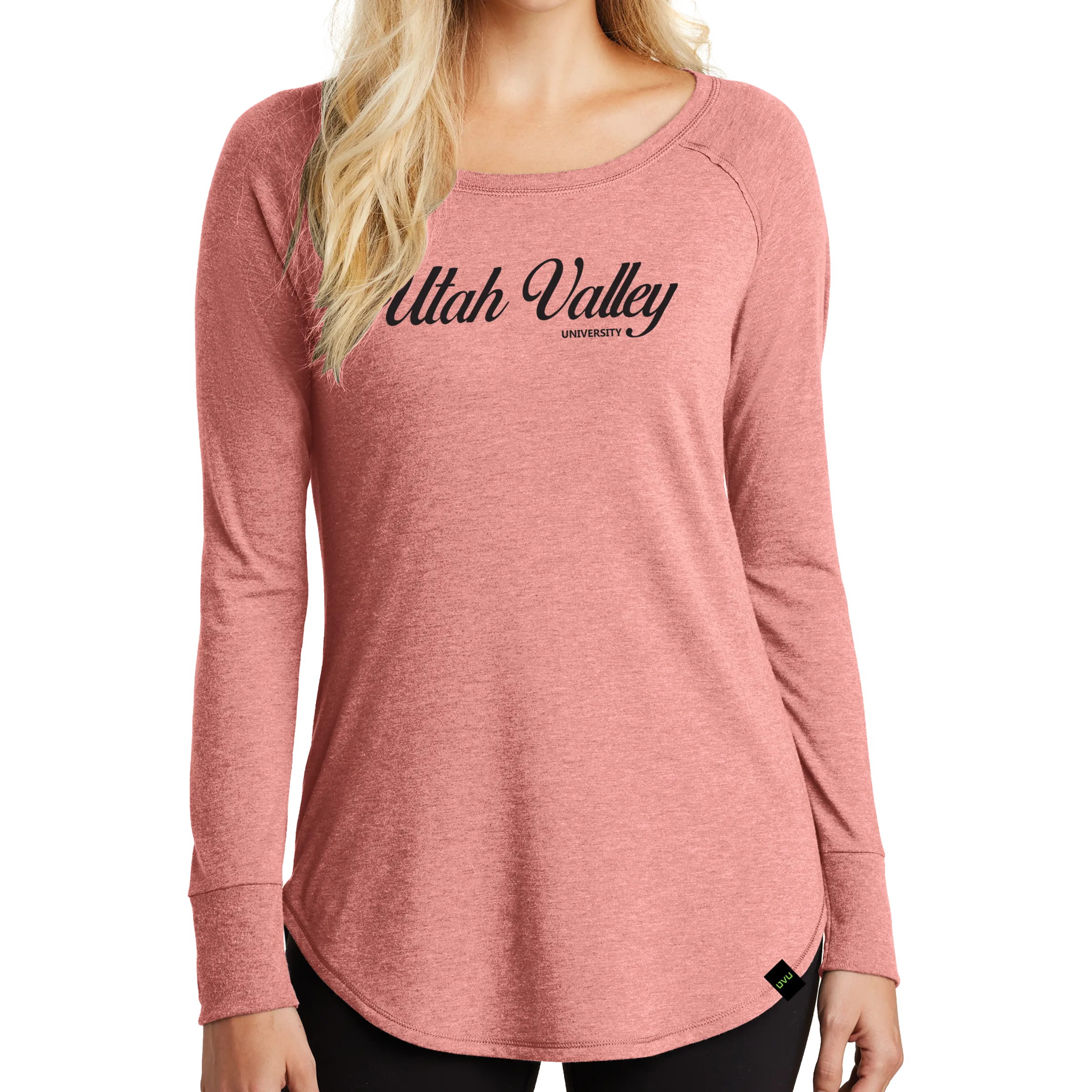 District Women’s Perfect Tri Long Sleeve Tunic Tee- UV Cursive