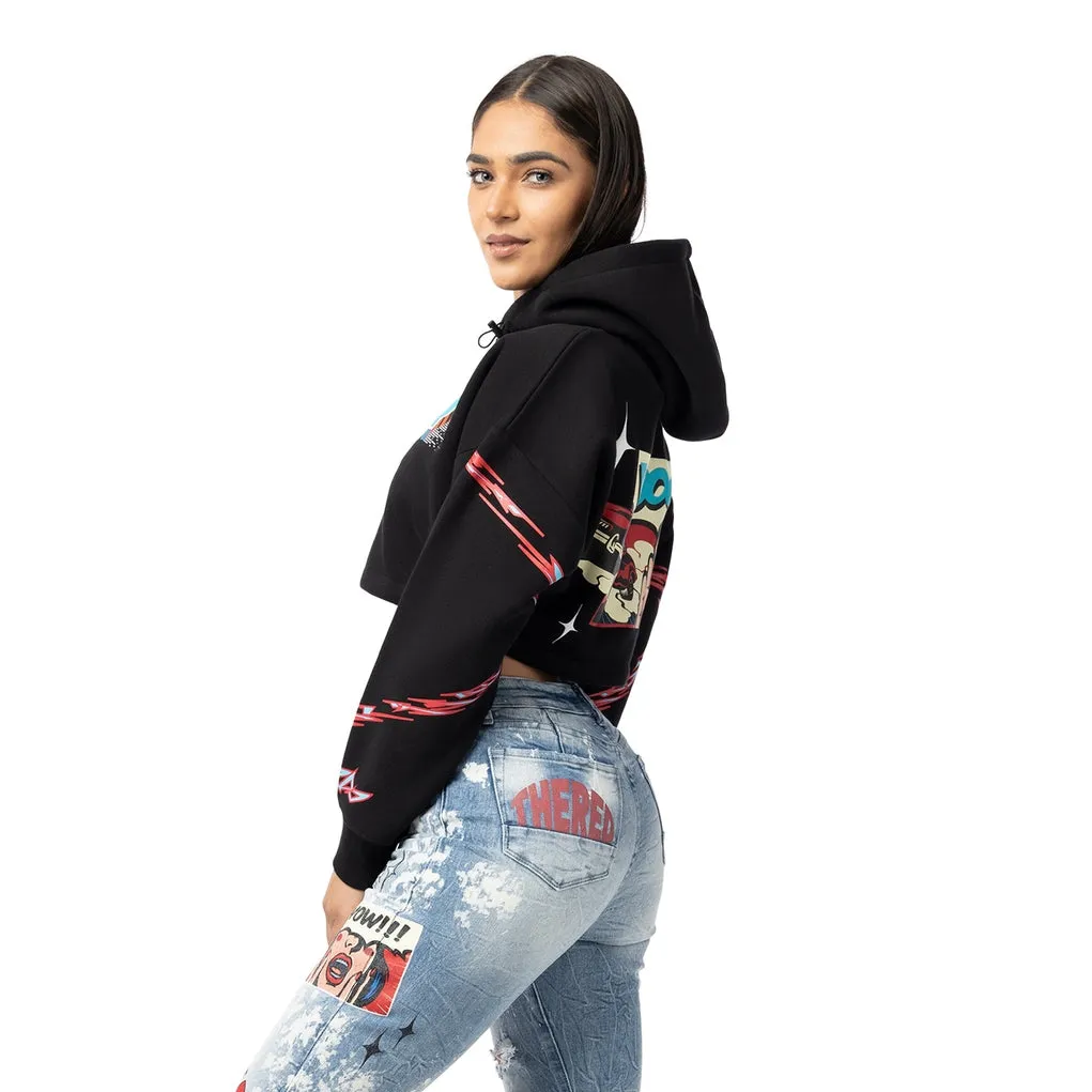 Drop Shoulder Cropped Hoodie - Black