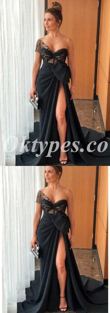 Elegant Black Tulle And Satin One Shoulder Sleeveless Side Slit Mermaid Long Prom Dresses,PDS0726