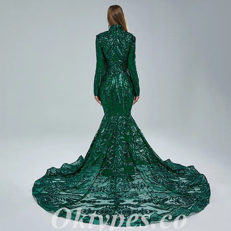 Elegant Dark Green Special Fabric Long Sleeve High Neck Mermaid Long Prom Dresses,PDS0459