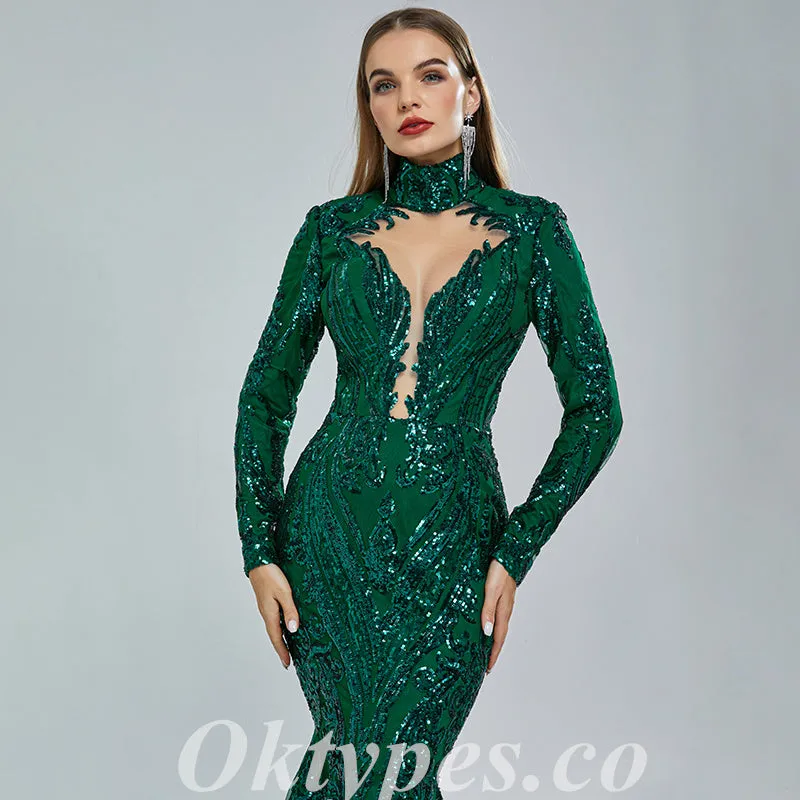 Elegant Dark Green Special Fabric Long Sleeve High Neck Mermaid Long Prom Dresses,PDS0459