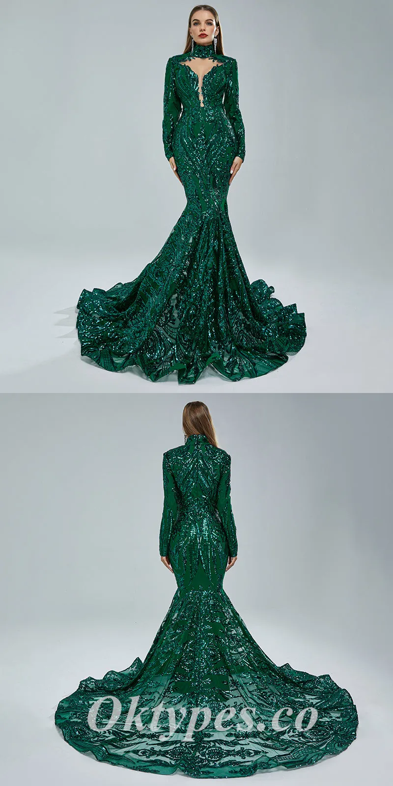 Elegant Dark Green Special Fabric Long Sleeve High Neck Mermaid Long Prom Dresses,PDS0459