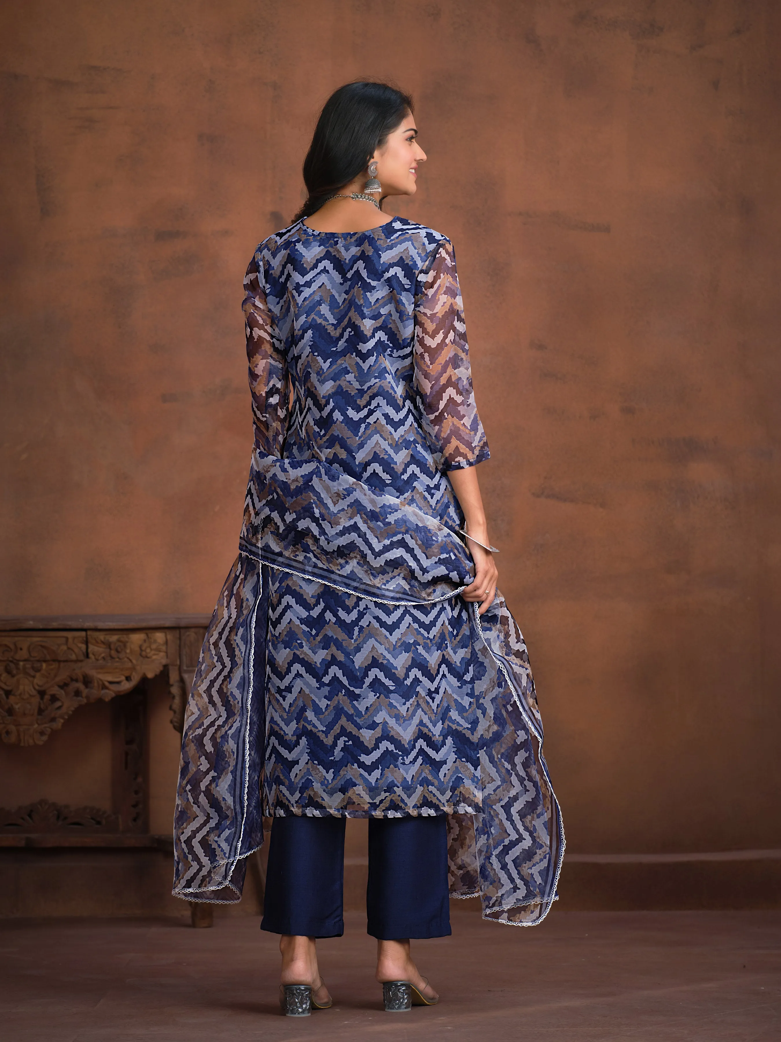 Ethnic Motifs Embroidered Square Neck Chikankari Kurta with Trousers & With Dupatta